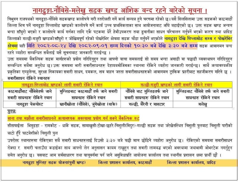 नागढुङ्गा–मलेखु सडक बुधबारदेखि दैनिक पाँच घण्टा बन्द हुने
