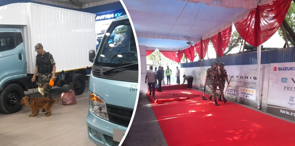 नाडा अटो शोको उद्घाटन तयारी सेनाको बम स्क्वाड र कुकुरसहितको टोलीले सुरक्षा जाँच गर्दै